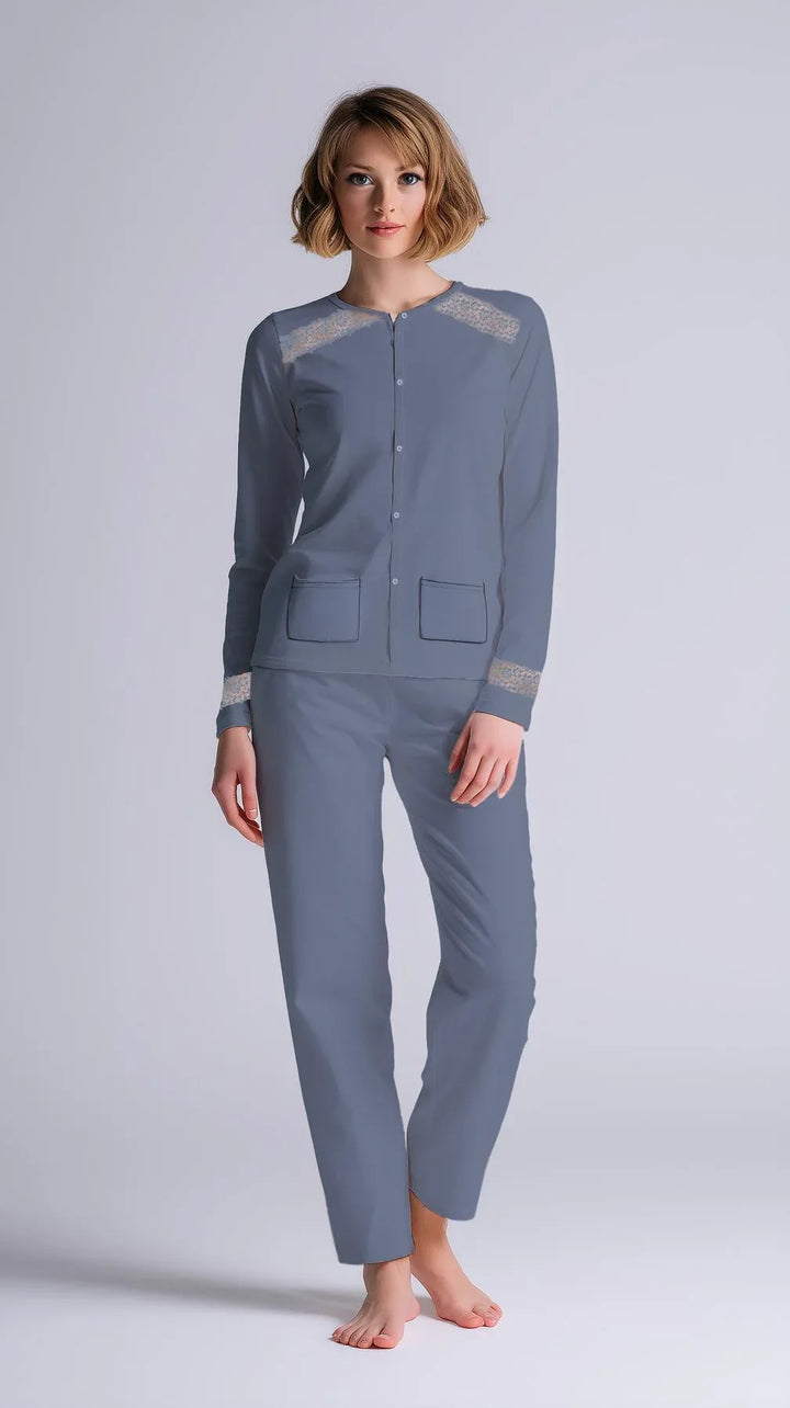 Pigiama Donna Manica Lunga Pantalone Lungo Aperto - Kisené